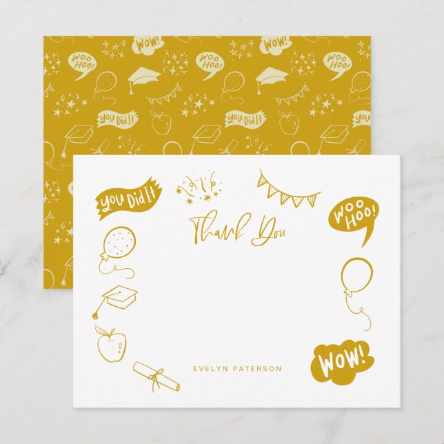 Carte De Correspondance Doodle de graduation moderne Merci jaune (Devant / Derrière)