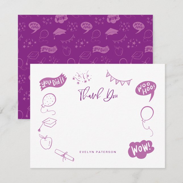 Carte De Correspondance Doodle de graduation moderne Merci pourpre (Devant / Derrière)
