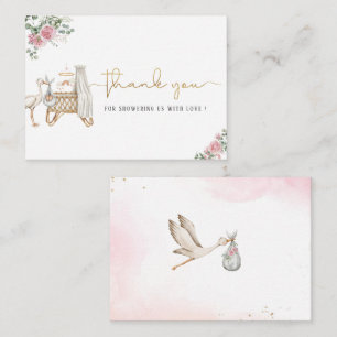 Carte De Correspondance Elégant Aquarelle Stork Baby Girl Gold Pink Flor