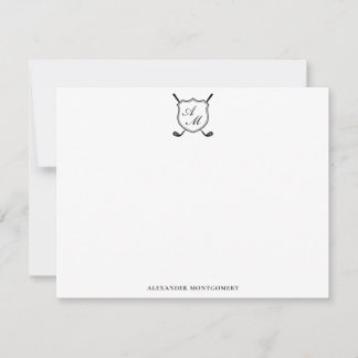 Carte De Correspondance Elegant Black Golf Monogram Crest Flat Note Card