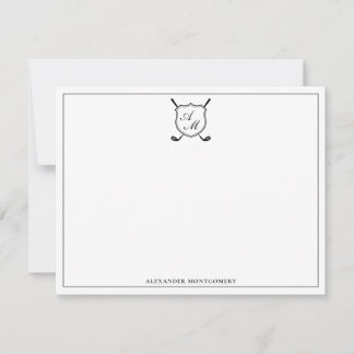 Carte De Correspondance Elegant Black Golf Monogram Crest Flat Note Card