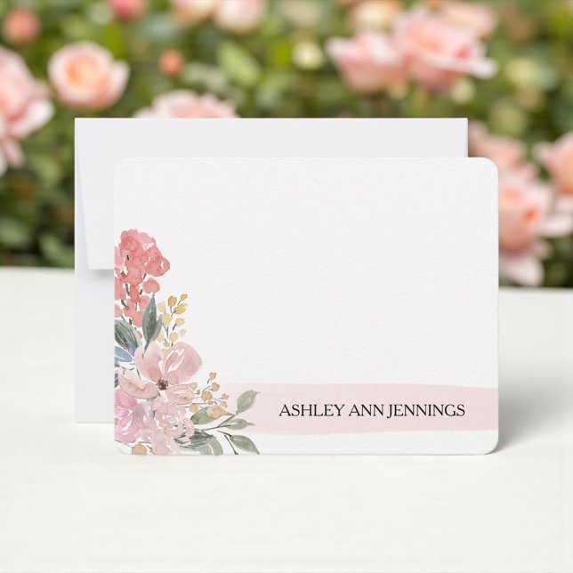 Carte De Correspondance Elegant Blush Floral Pink Personalized (Blush floral watercolor personalized notecard with elegant bouquet)