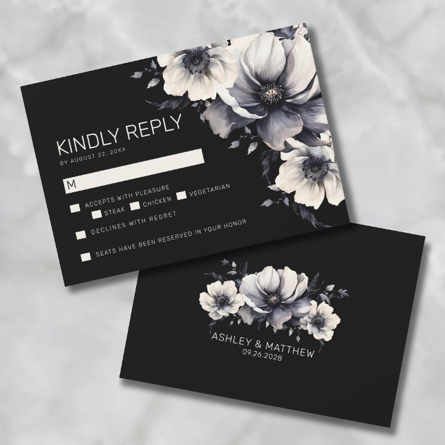 Carte De Correspondance Elégant mariage floral noir moderne RSVP (Elegant Modern Black Floral Wedding RSVP Note Card)