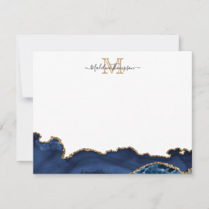 Carte De Correspondance Élégant Marine Bleu Marbre Or Agate Monogramme