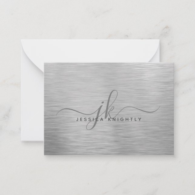 Carte De Correspondance Élégant Monogramme en argent métallisé brossé (Devant)