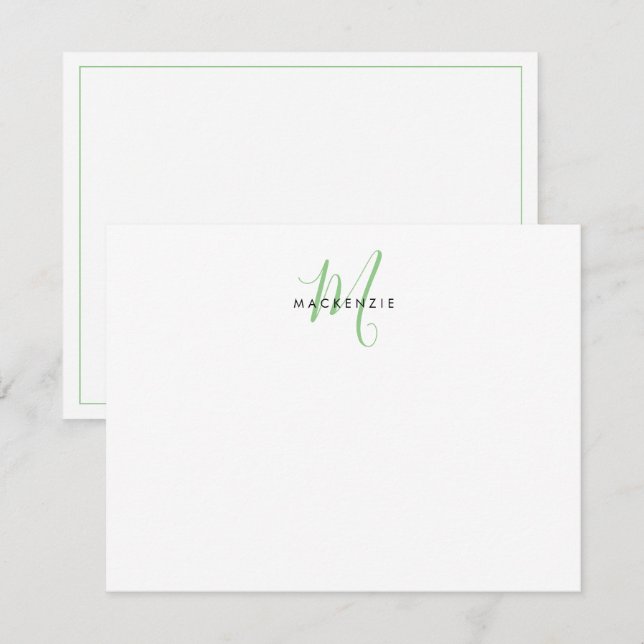 Carte De Correspondance Élégant Monogramme moderne blanc vert Script (Devant / Derrière)