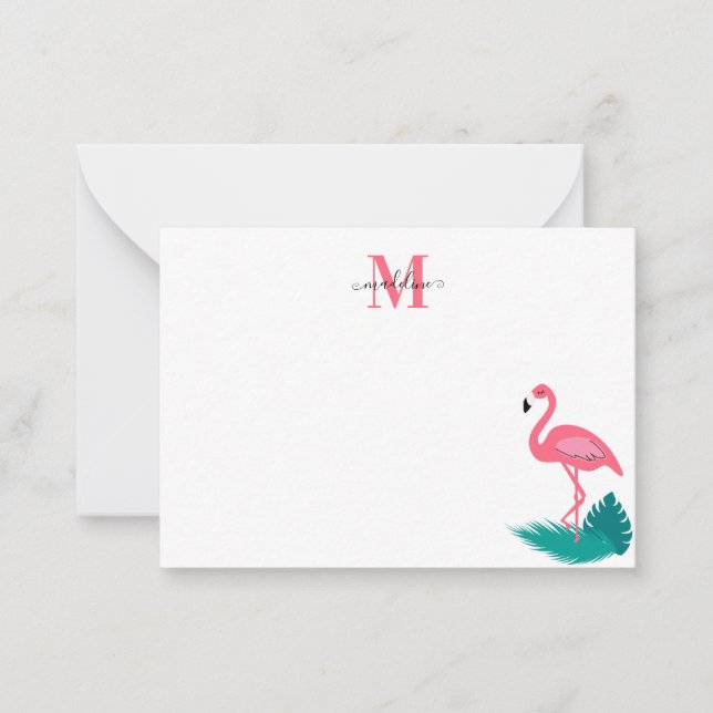 Carte De Correspondance Élégant Monogramme Tropical Feuille Flamant rose r (Devant)