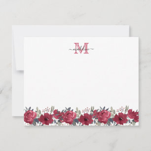 Carte De Correspondance Élégant Script Floral Bourgogne rouge Monogramme