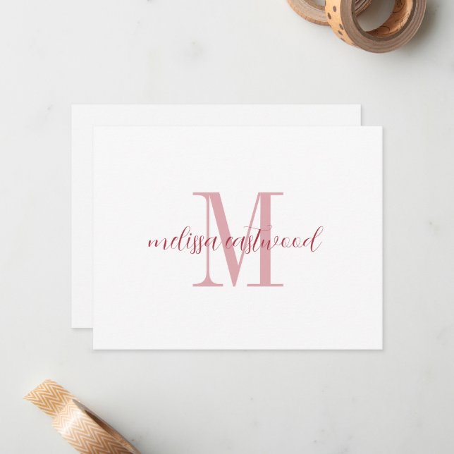 Carte De Correspondance Elegant Script Name Rose Monogram Flat Note Card (Devant/Arrière en situation)
