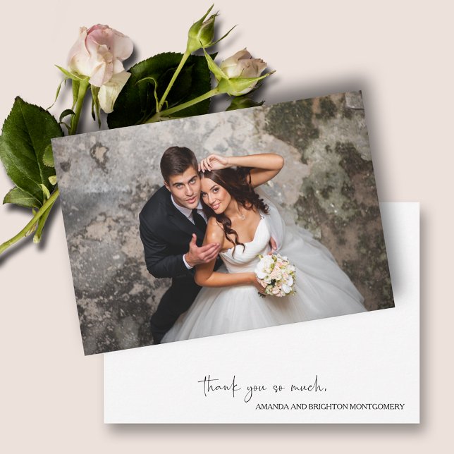 Carte De Correspondance Élégant script photo Mariage plat (Wedding flat thank you notes with your photo on front and your message and names on the back)
