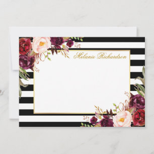 Carte De Correspondance Elégante aquarelle Bourgogne florale rayée