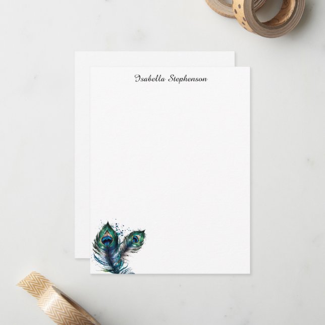 Carte De Correspondance Elégante aquarelle Peacock Feaths Personnalisé (Devant/Arrière en situation)
