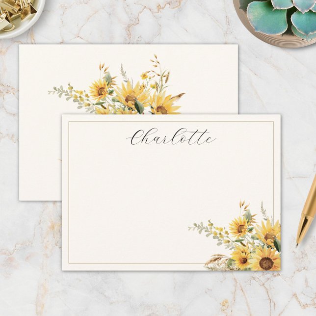 Carte De Correspondance Elégante aquarelle rustique tournesol floral (In situ)