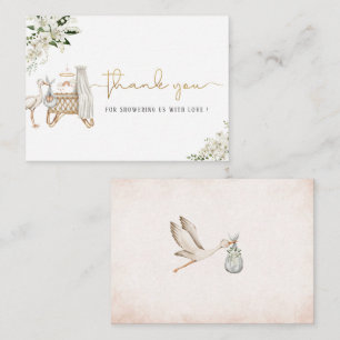 Carte De Correspondance Elégante Aquarelle Stork Baby Girl Gold White Flo