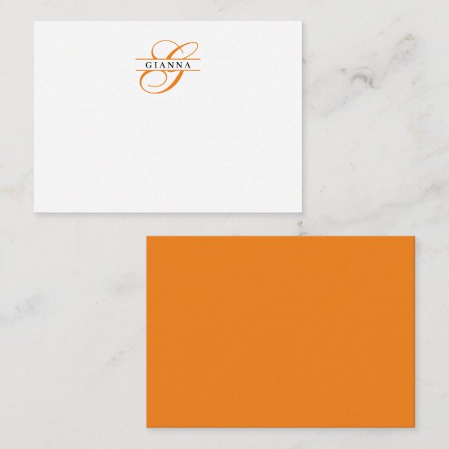 Carte De Correspondance Élégante calligraphie orange Split Monogramme (Devant / Derrière)