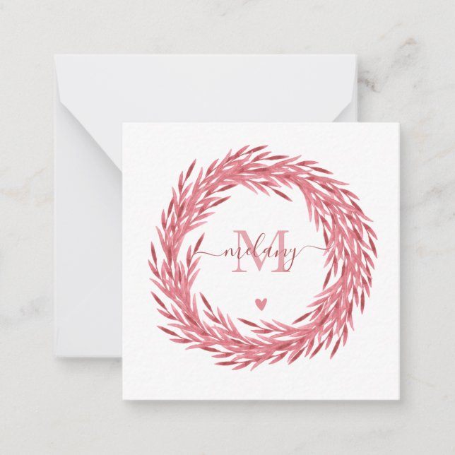 Carte De Correspondance Élégante couronne Feuille rose Dusty - Monogramme (Devant)