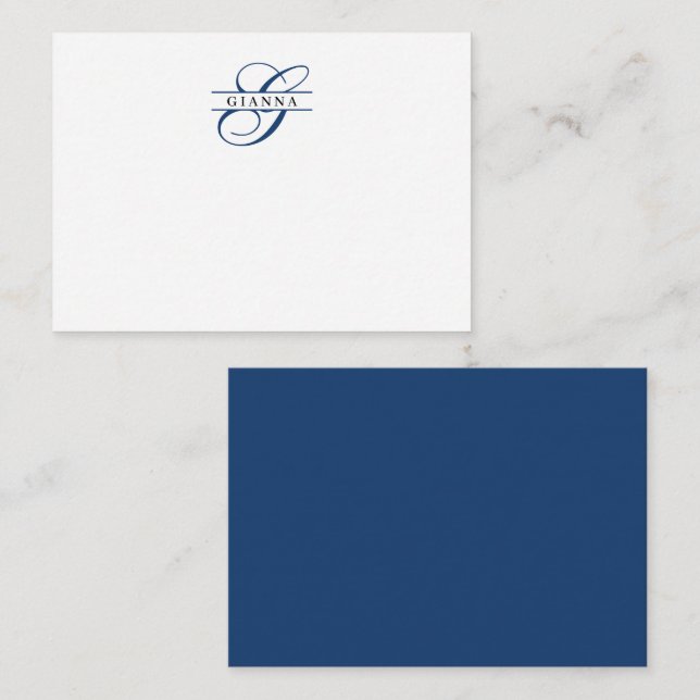 Carte De Correspondance Élégante Marine Blue Calligraphy Split Monogramme (Devant / Derrière)