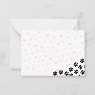 Carte De Correspondance Empreintes de patte de chiot noir Cœurs rouges