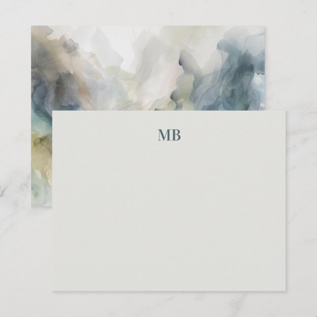 Carte De Correspondance Encre Abstraite Monogram Blue Olive Green (Devant / Derrière)