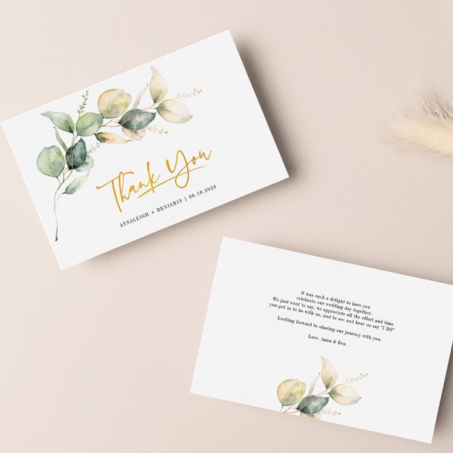 Carte De Correspondance Eucalyptus Gold Lettré Mariage Remerciements Mini (Eucalyptus Watercolor Green and Gold Wedding Thank You Note Card)