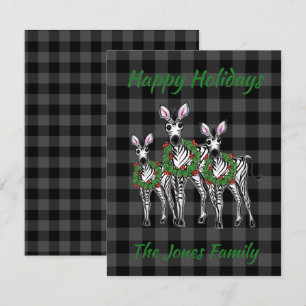 Carte De Correspondance Festive Noël zèbres, xmas couronne, plaid gris