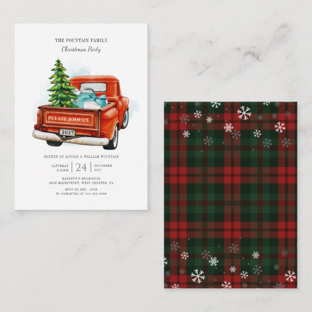 Carte De Correspondance Fête de famille de Noël avec un arbre et un camion (Devant / Derrière)