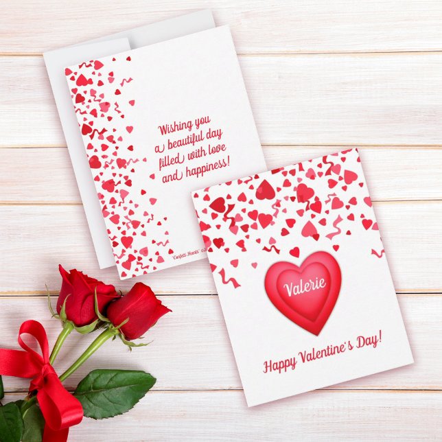 Carte De Correspondance Fête de la Saint-Valentin Amusant Confettis Cœurs  (Happy Valentine's Day Personalized Flat Note Card with fun red confetti hearts design
)