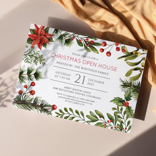 Carte De Correspondance Fêtes de Noël Aquarelle Berries Verdure (Christmas Open House Botanical Holiday Party Invitation)