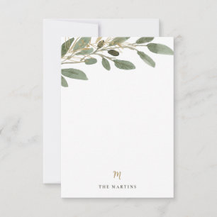 Carte De Correspondance Feuilles Faux Gold et Olive   Monogramme Mariage