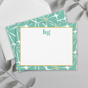 Carte De Correspondance Fleur Rétro Puissance Couleur Turquoise Monogrammé