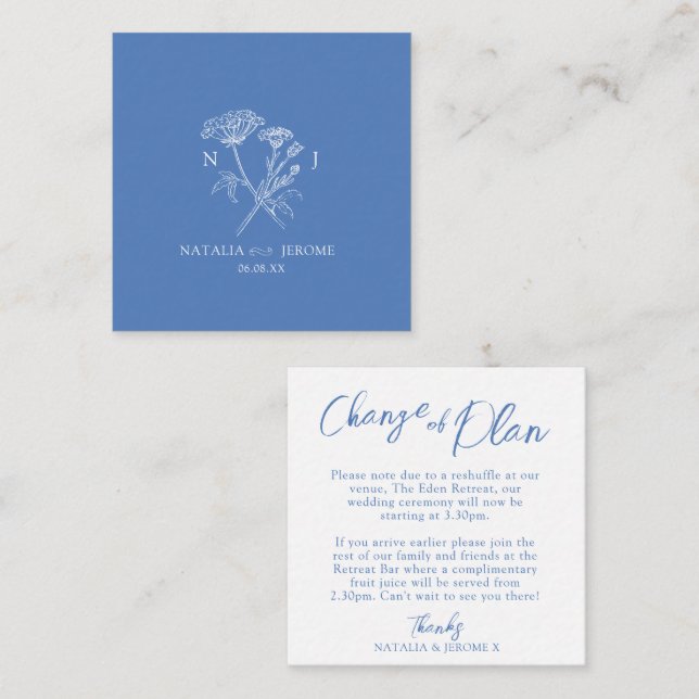 Carte De Correspondance fleur sauvage mariage monogramme bleu changement d (Devant / Derrière)