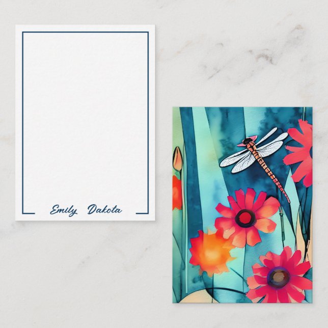 Carte De Correspondance Fleurs aquarelles et libellules personnalisables (Devant / Derrière)