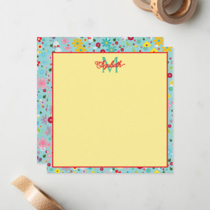 Carte De Correspondance Fleurs de printemps sur le Monogramme bleu Aqua