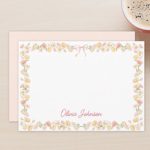 Carte De Correspondance Fleurs Florales Jaune Rose Aquarelle Monogrammées