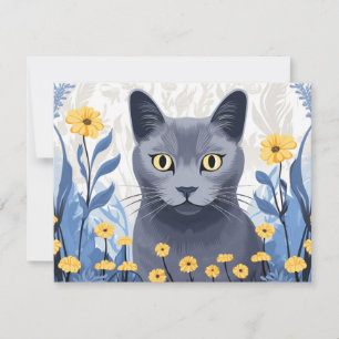 Carte De Correspondance Fleurs Jaunes Chat Bleu Russe