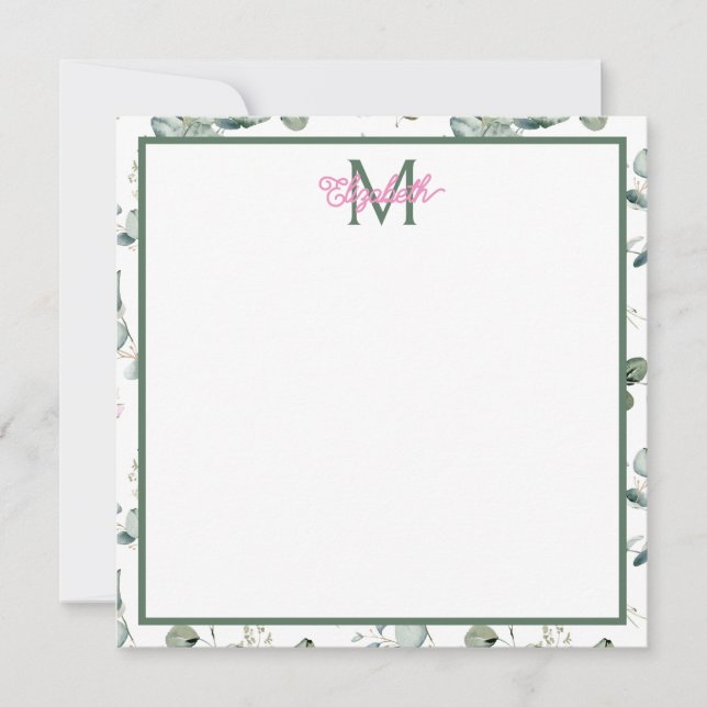 Carte De Correspondance Fleurs roses et Feuilles verts sur Monogramme blan (Devant)