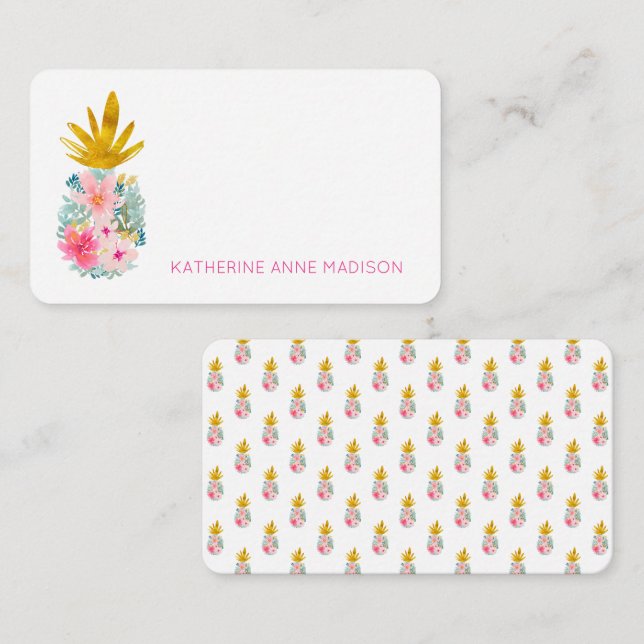 Carte De Correspondance Fleurs tropicales roses et ananas (Devant / Derrière)