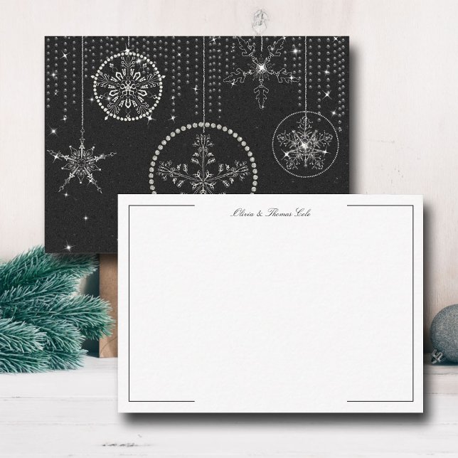 Carte De Correspondance Flocons de Neige Pailletés Noir Blanc Élégant Clas (christmas thank you card couple wedding holidays winter snowflakes rhinestones glitter black white )