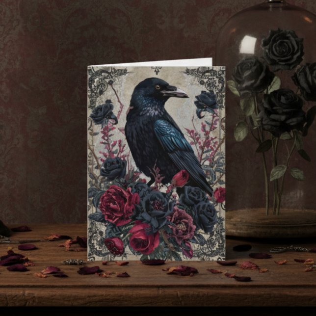 Carte de correspondance florale Black Raven gothiq (Black gothic raven with roses blank note card)