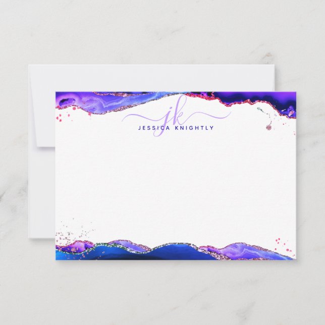 Carte De Correspondance Géode Agate Mystique violet rose bleu Monogramme (Devant)