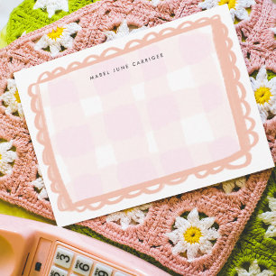 Carte De Correspondance Gingham à coquille rose Nom personnalisé