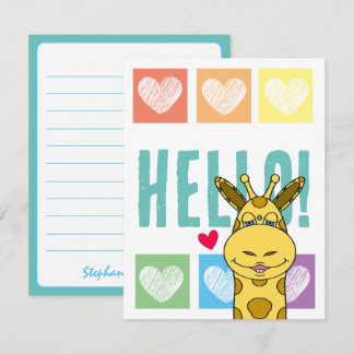 Carte De Correspondance Girafe Mignonne Arc-en-Ciel Avec des Cœurs Bonjour