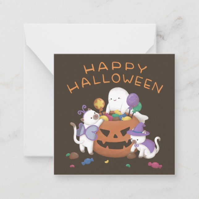 Carte De Correspondance Halloween heureux : Chats et fantômes (Devant)
