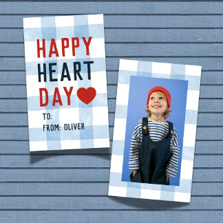 Carte De Correspondance Heart Day Blue Gingham Valentine's Classroom Card