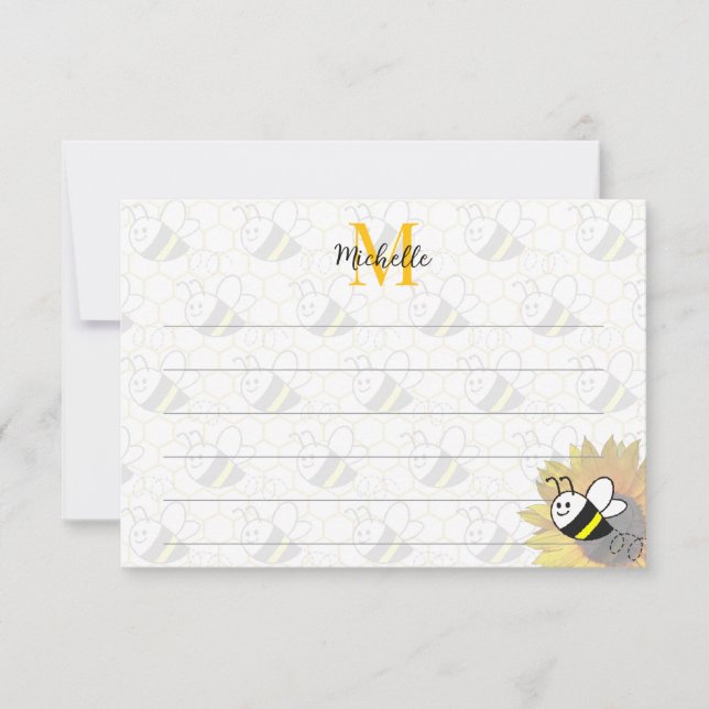 Carte De Correspondance Honeybee Sunflower Drawing Custom Lined Monogram (Devant)