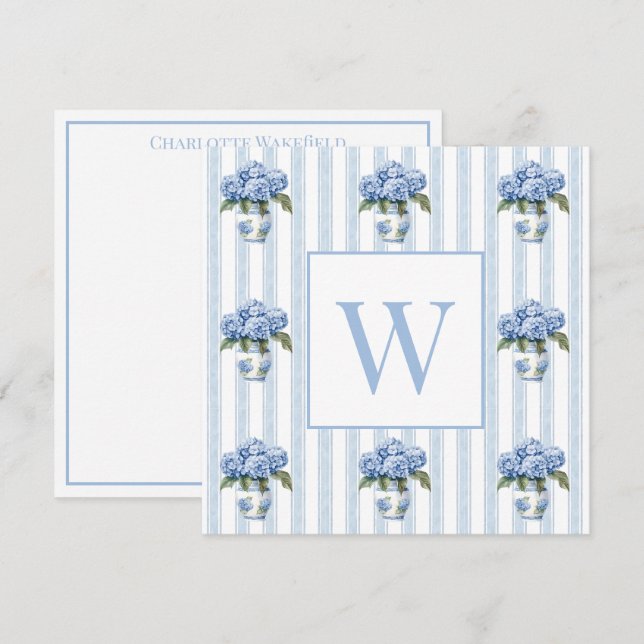 Carte De Correspondance Hortensias bleus et blancs sur monogramme à rayure (Devant / Derrière)