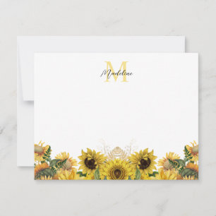 Carte De Correspondance Jaune Rustique Tournesol Floral Script Monogramme