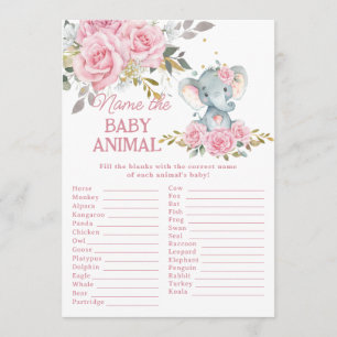 Carte De Correspondance Jeu de nommage de bébé animal éléphant floral rose