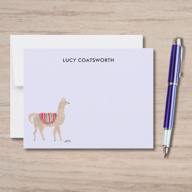 Carte De Correspondance Joli Lama Bohème Peint à la Main Ferme Personnalis (These lavender llama thank you notes feature my own artwork of a cute llama wearing a red blanket.)