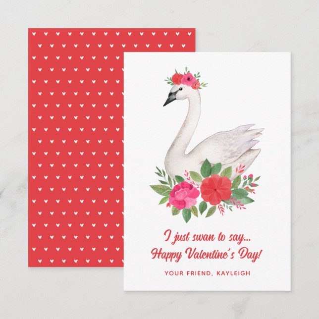 Carte De Correspondance Jolie aquarelle Swan Pun Classroom Valentine (Devant / Derrière)
